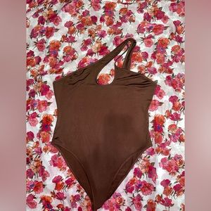 Brown Criss Cross Solid Skinny Bodysuit